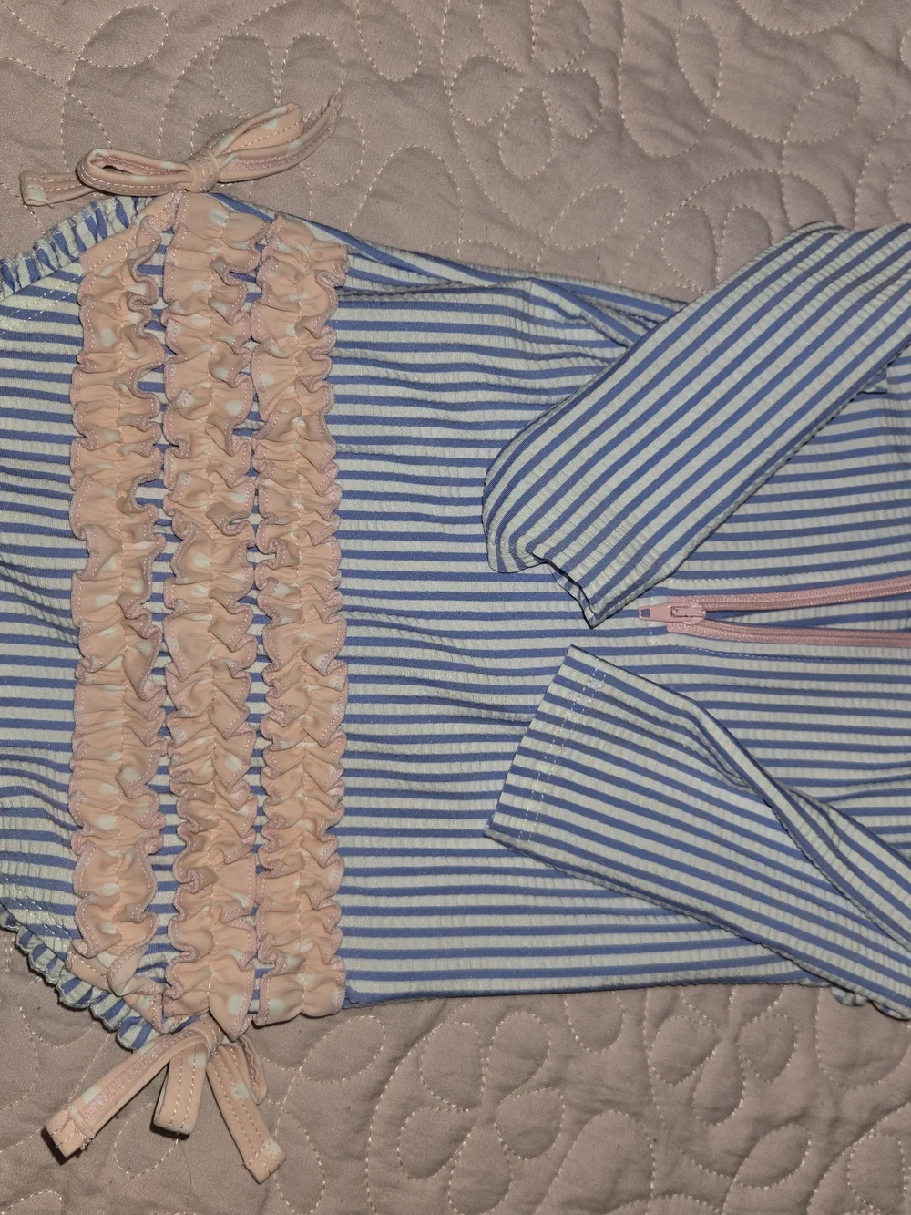 Ruffle Butts Blue and White Striped Girls' Shorts with Pink Tie, 6-12m